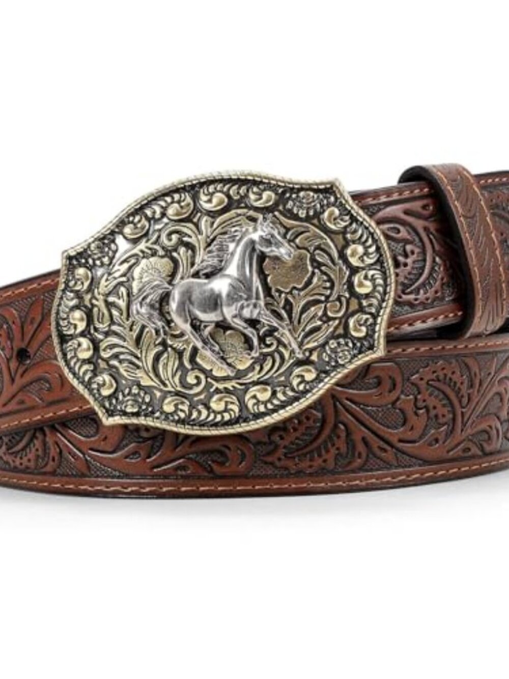 Cowboy Belts for Men Women Embossed Leather Western Belt with Horse Buckle